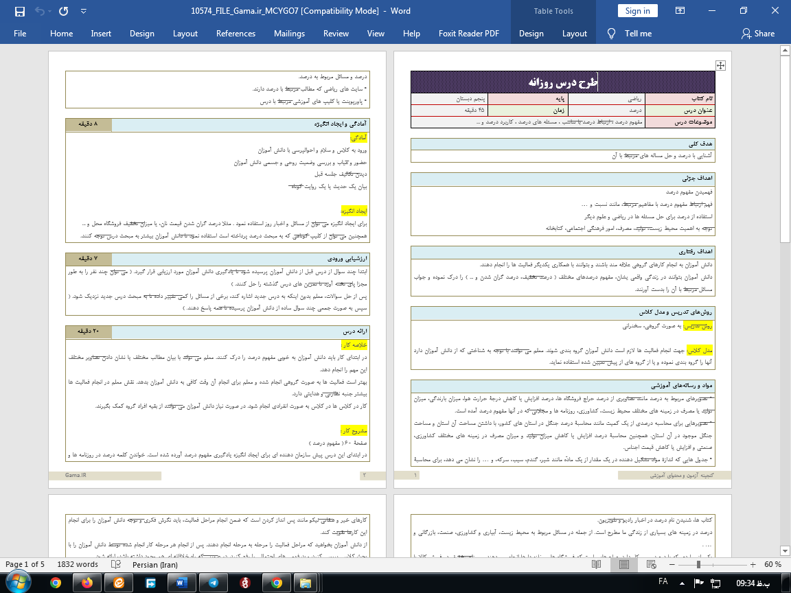 طرح درس ریاضی پنجم ابتدایی (درصد)